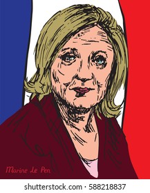 Marine Le Pen (Marion Anne Perrine Le Pen), President Of National Front (FN), French Presidential Candidacy 2017, Flag Background, Vector Illustration, Pop Art Style