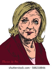 Marine Le Pen (Marion Anne Perrine Le Pen), Politician, President Of National Front (FN), French Presidential Candidacy 2017,  Vector Illustration In Pop Art Style