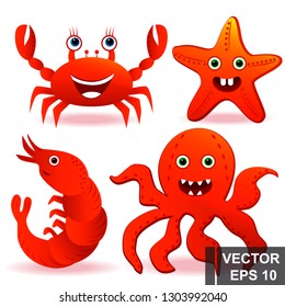 Marine life. Animals A fish. Octopus, shrimp, starfish. Cartoon style. For your design.
