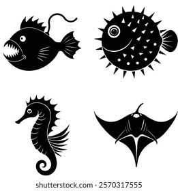 marine life, aquatic, underwater, ocean, sea creatures, fish, vector art, illustration, anglerfish, pufferfish, seahorse, manta ray, biodiversity