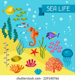 Marine life background design with sea animals.