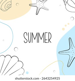 Marine life background in doodle style. Summer template for banner, card, note, invitation, sale and promotion.