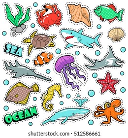 Marine Life Badges, Patches, Stickers - Fish Shark Turtle Octopus in Comic Style. Sea and Ocean Nature. Vector illustration