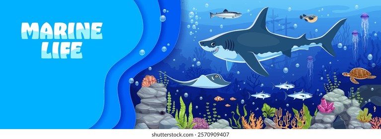 Marine life banner with underwater landscape, sea animals and fish cartoon characters. Funny shark, jellyfish, ray and sea turtle at coral reef underwater landscape background with 3d paper cut border