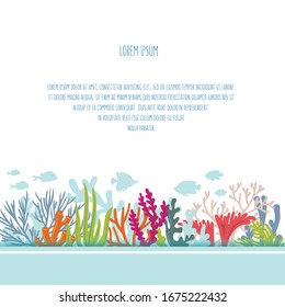 Marine life and the beauty of coral reefs. Silhouette of coral reef and fishes with place for text. Vector illustration. EPS 10