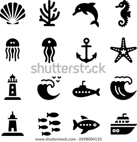 Marine Life Black Vector Icon Set. Minimalist Sea Animals and Nautical Glyphs