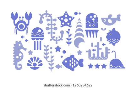 Marine life blue icons set, sea creatures, underwater world vector Illustration