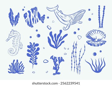 Marine life blue illustration pattern vector coral, shell, scallop, whale, deep sea background layout silhouette printable