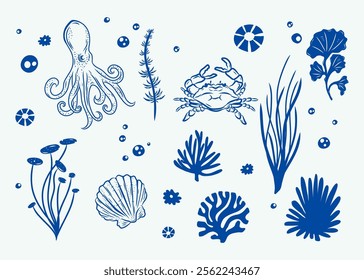 Marine life blue illustration pattern vector coral, crab, scallop, octopus, deep sea background layout silhouette printable