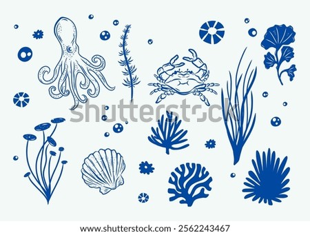 Marine life blue illustration pattern vector coral, crab, scallop, octopus, deep sea background layout silhouette printable