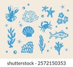 Marine life blue ocean illustration pattern vector coral, shell, lobster, starfish, deep sea background layout silhouette printable