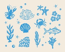 Marine life blue ocean illustration pattern vector coral, shell, lobster, starfish, deep sea background layout silhouette printable