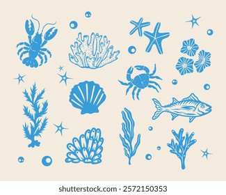 Marine life blue ocean illustration pattern vector coral, shell, lobster, starfish, deep sea background layout silhouette printable