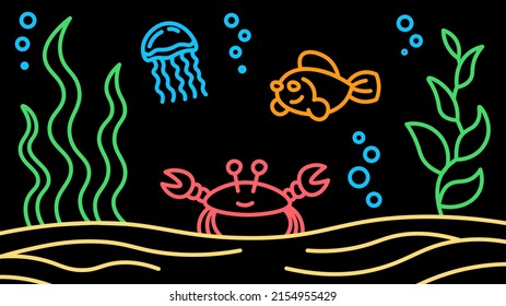 Marine life at the bottom of the ocean. Neon aquatic inhabitants fish, crab, jellyfish in retro outline style on black background.