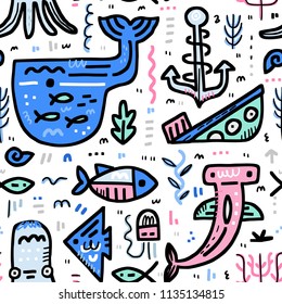 Marine life boundless background. Octopus, moray, hammerhead fish, whale, anchor, ship. Handdrawn nautical vector concept.