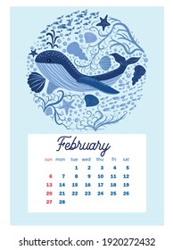 Marine life. calendar design template for 2022, A4 format. Week starts on Sunday. Whale, mermaid, snail, shark, crab, stingray, seahorse, dolphin, octopus, turtle, jellyfish, clown fish