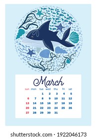 Marine life. calendar design template for 2022, A4 format. Week starts on Sunday. Whale, mermaid, snail, shark, crab, stingray, seahorse, dolphin, octopus, turtle, jellyfish, clown fish