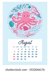 Marine life. calendar design template for 2022, A4 format. Week starts on Sunday. Whale, mermaid, snail, shark, crab, stingray, seahorse, dolphin, octopus, turtle, jellyfish, clown fish