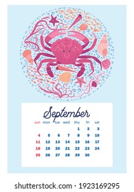 Marine life. calendar design template for 2022, A4 format. Week starts on Sunday. Whale, mermaid, snail, shark, crab, stingray, seahorse, dolphin, octopus, turtle, jellyfish, clown fish