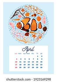 Marine life. calendar design template for 2022, A4 format. Week starts on Sunday. Whale, mermaid, snail, shark, crab, stingray, seahorse, dolphin, octopus, turtle, jellyfish, clown fish