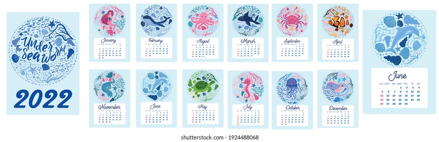 Marine life. calendar design template for 2022, A4 format. Week starts on Sunday. Whale, mermaid, snail, shark, crab, stingray, seahorse, dolphin, octopus, turtle, jellyfish, clown fish