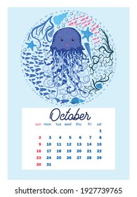 Marine life. calendar design template for 2022, A4 format. Week starts on Sunday. Whale, mermaid, snail, shark, crab, stingray, seahorse, dolphin, octopus, turtle, jellyfish, clown fish