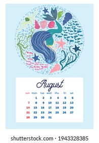Marine life. calendar design template for 2022, A4 format. Week starts on Sunday. Whale, mermaid, snail, shark, crab, stingray, seahorse, dolphin, octopus, turtle, jellyfish, clown fish