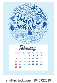 Marine life. calendar design template for 2022, A4 format. Week starts on Sunday. Whale, mermaid, snail, shark, crab, stingray, seahorse, dolphin, octopus, turtle, jellyfish, clown fish