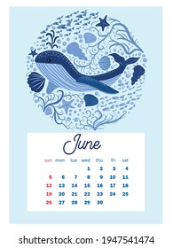 Marine life. calendar design template for 2022, A4 format. Week starts on Sunday. Whale, mermaid, snail, shark, crab, stingray, seahorse, dolphin, octopus, turtle, jellyfish, clown fish