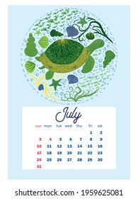Marine life. calendar design template for 2022, A4 format. Week starts on Sunday. Whale, mermaid, snail, shark, crab, stingray, seahorse, dolphin, octopus, turtle, jellyfish, clown fish