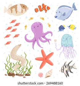 Marine Life Cartoon Characters Vector Collection Stock Vector (Royalty ...