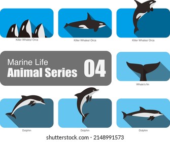 Marine life cartoon collection, vector, killer whale, orca, dolphin, vector illustration