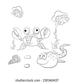 Marine life. Cartoon funny fish, crab, shell, jellyfish. Illustration. Coloring book.