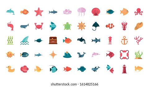 marine life, cartoon sea fauna animal set on white background