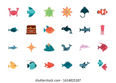 marine life, cartoon sea fauna animal set on white background