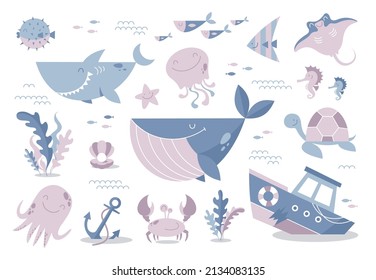 Marine life. Cartoon set of sea creatures