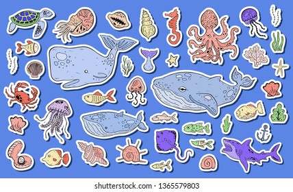 Marine life collection of sketche set. Sea animals. Sticker version