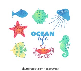 Marine life color flat illustrations. Isolated icons, sea and ocean creatures. 