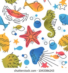 Marine life color flat seamless pattern with fish, sea and ocean creatures. 