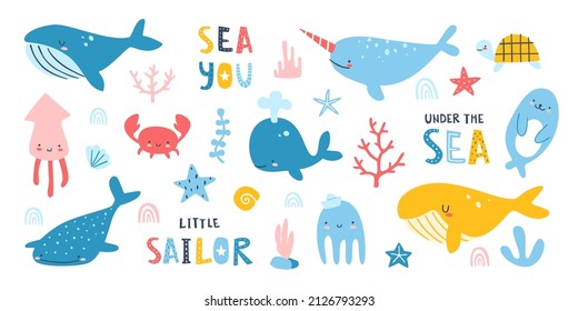 Marine life colorful baby vector set. Collection of cartoon sea underwater cute animals and plants.