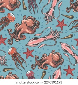 Marine life colorful seamless pattern with seafood floating underwater among octopuses and jellyfish with squid living in ocean vector illustration