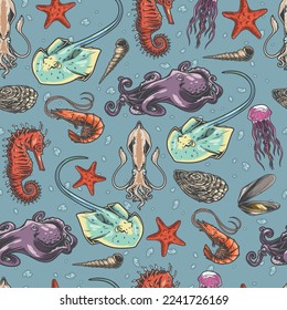 Marine life colorful seamless pattern wildlife concept with octopuses and seahorses with shrimp live underwater with squid vector illustration