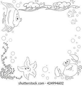 Marine life coloring book. Vector frame with space for text.