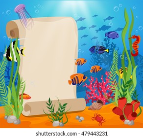 Marine life composition with white sheet for text and fish crabs algae and underwater world around vector illustration