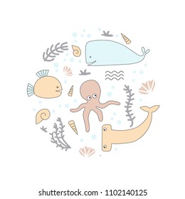 Marine life concept. Octopus, shell, hammerhead fish, whale and other elements. Vector illustration.