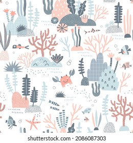 Marine life Coral reef Fish Crab Seaweed vector seamless pattern. Pastel colours sea bottom white background. Scandinavian decorative childish surface design for nautical nursery and navy kids fabric.