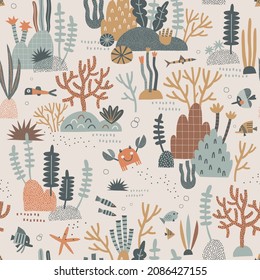 Marine life Coral reef Fish Crab Seaweed vector seamless pattern. Boho earthy colours sea bottom background. Scandinavian decorative childish surface design for nautical nursery and navy kids fabric.