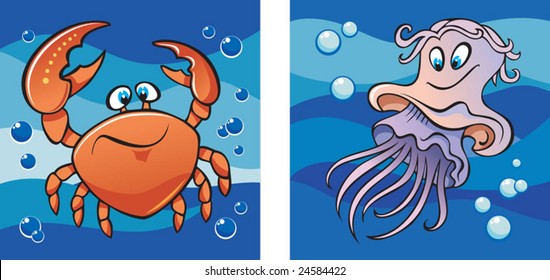 Marine life, crab and jellyfish against a backdrop of the sea waves, set of two cartoon pictures, vector illustration