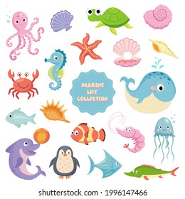 Marine life creatures cartoon animals set on white background vector illustration