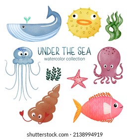 Marine Life Cute Element Animal Life In Under Sea World. Underwater Animal Creature And Fish, Squid, Whale, Puffer, Snapper, Jellyfish, Starfish, Algae. Vector Cartoon Watercolor Illuration